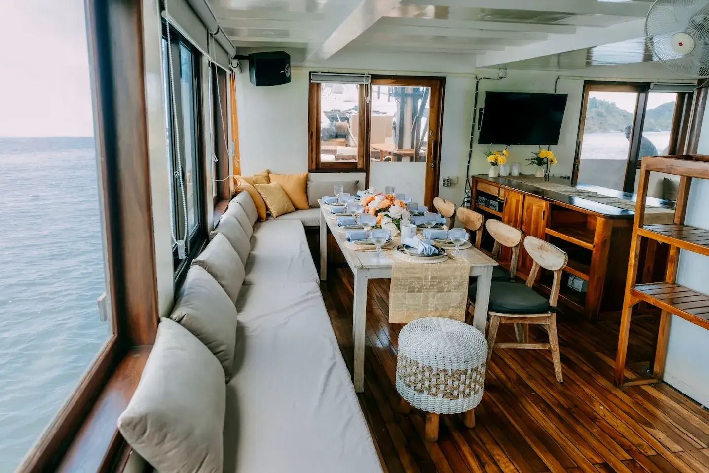 Sukha Sail Phinisi Boat Charter Indoor Dining Area Sukha Sail Phinisi | Boat Komodo Trip