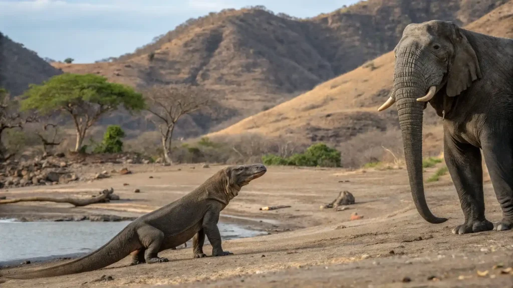 Komodo dragon vs Elephtant | Illustration | Boat Komodo Trip