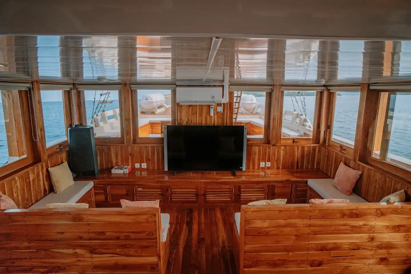 Indoor Lounge Area on Alore Phinisi | Komodo Island Tour | Boat Komodo Trip
