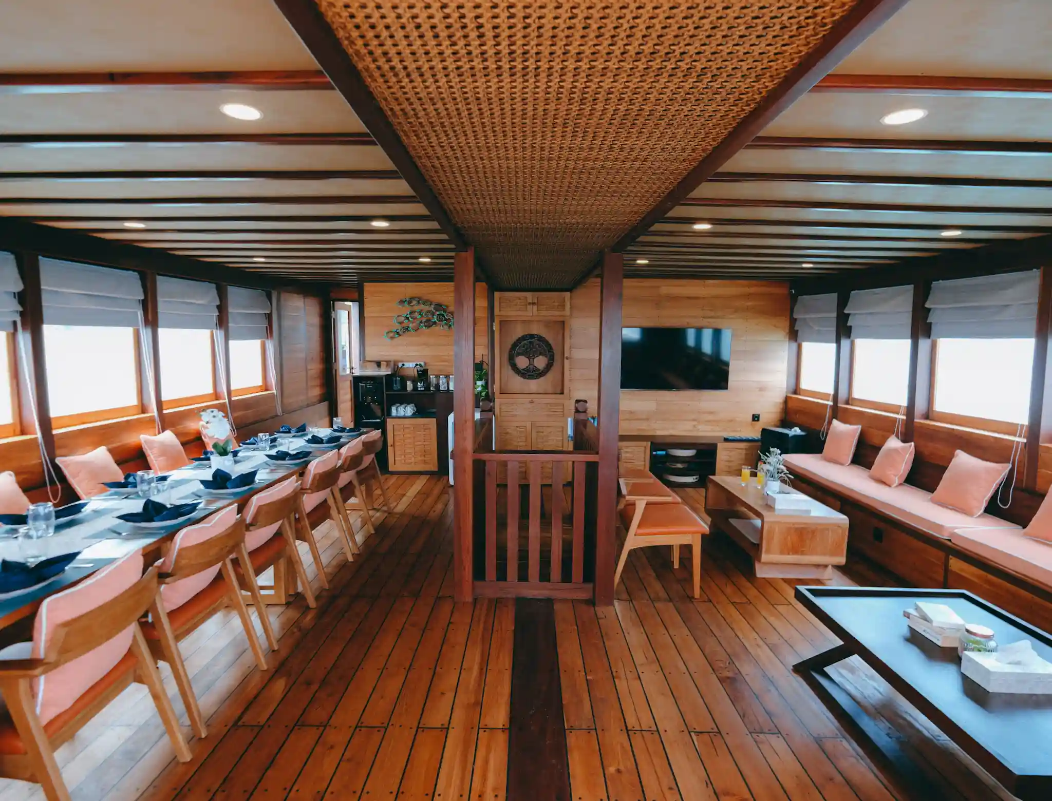Indoor Dining & Karaoke Lounge | Kanthaka Phinisi Boat Charter | Komodo Tour | Boat Komodo Trip