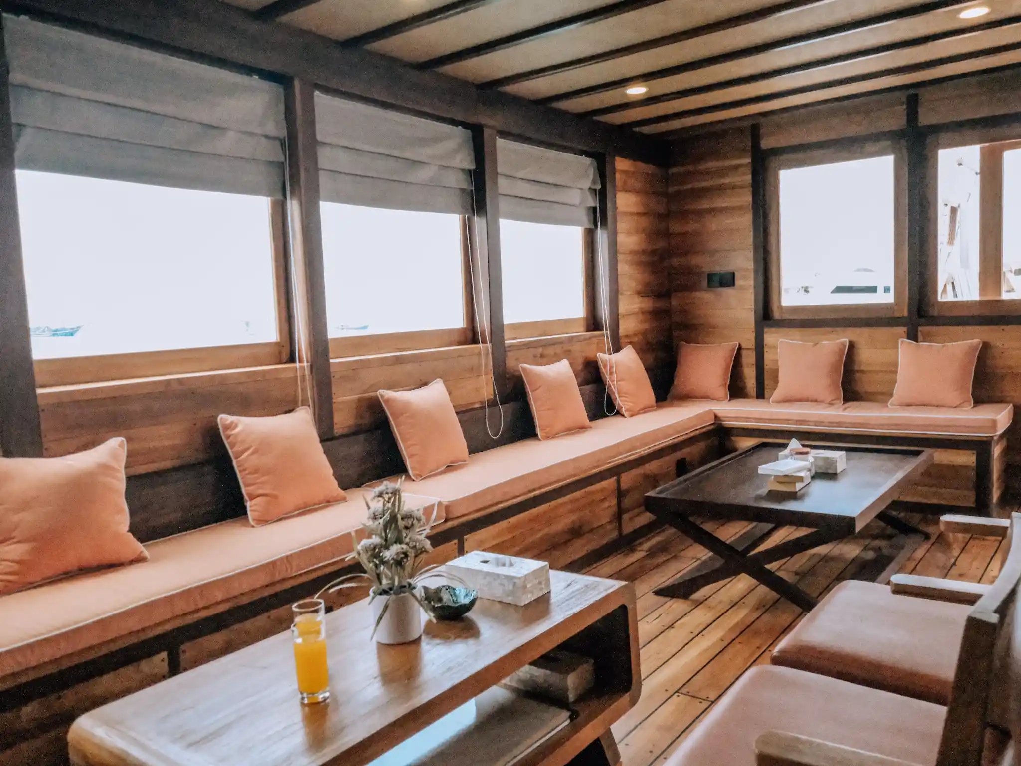 Indoor Dining & Karaoke Lounge | Kanthaka Phinisi Boat Charter | Komodo Tour | Boat Komodo Trip