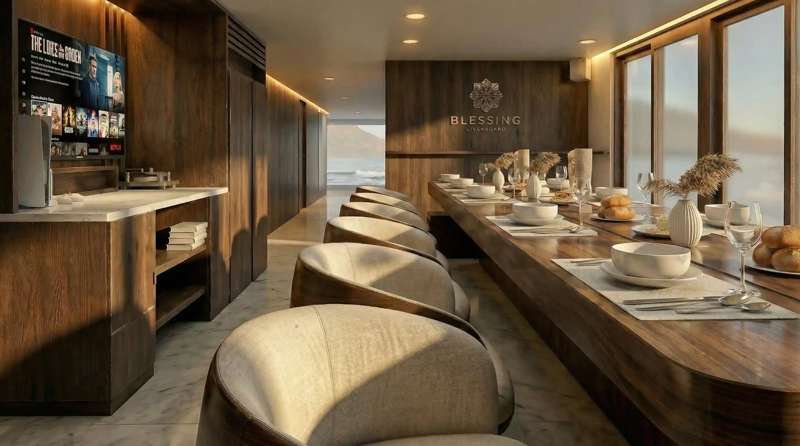 Cozy Dinning & Entertainment Facilities | Blesing Liveaboard Boat Charter | Boat Komodo Trip